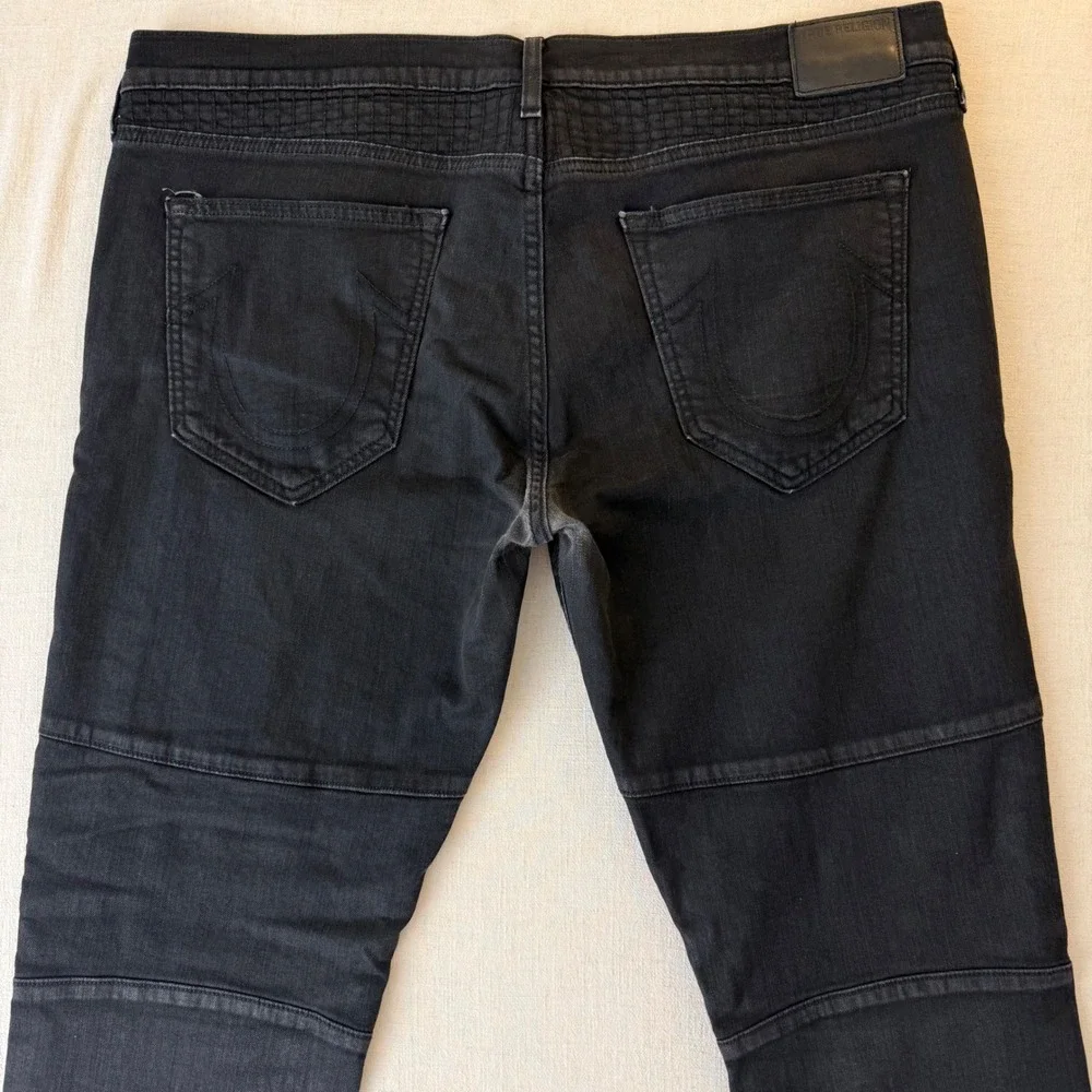 True Religion Geno Jeans Mens 42 Black Moto Biker Relaxed Slim Fit Stretch USA